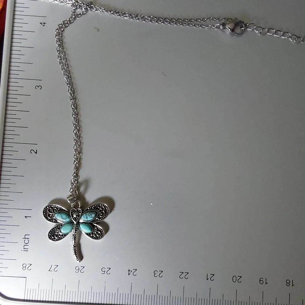 Boho Dragonfly Necklace Simulated Gems Turquoise